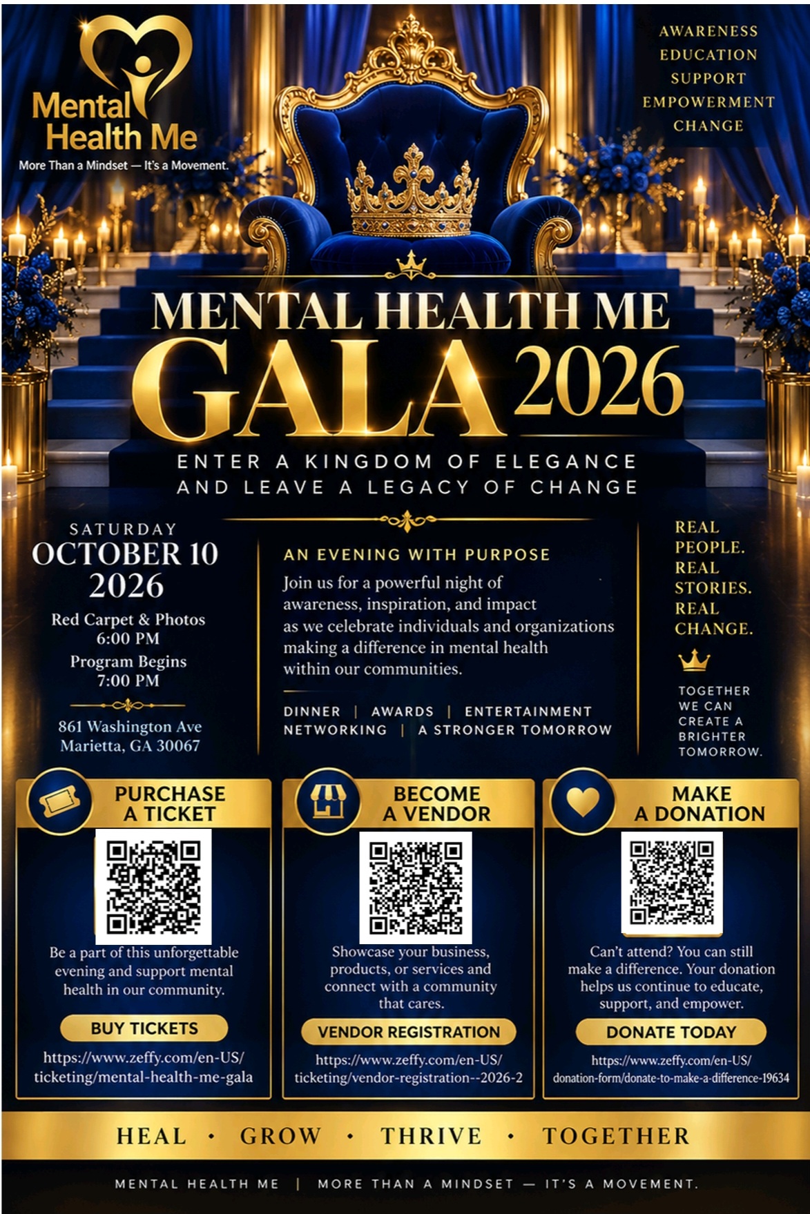 Mental Health Me Gala 2026 flyer with event schedule, Marietta venue, and ways to participate