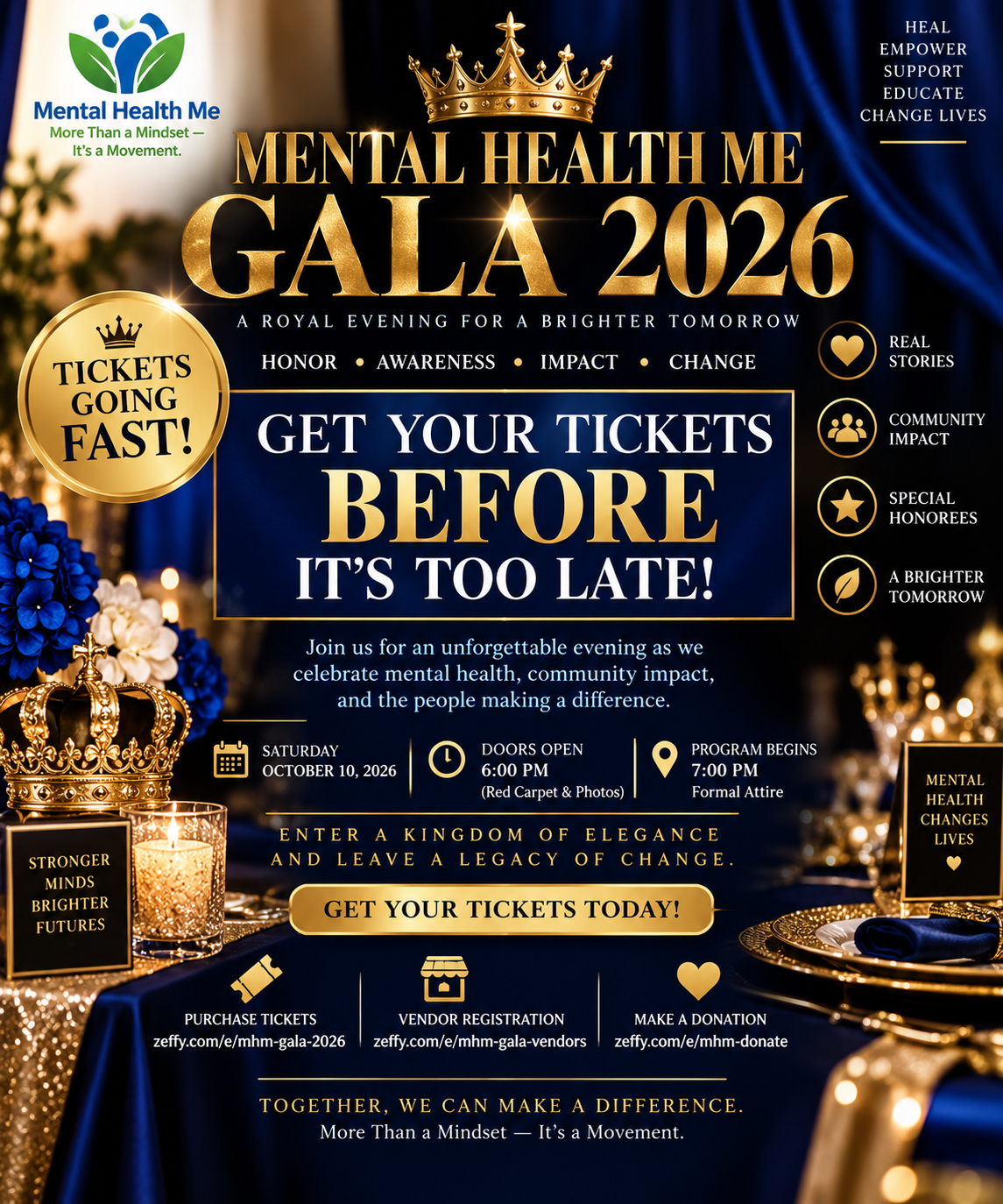Mental Health Me Gala 2026 ticket announcement with 6 PM doors and 7 PM program