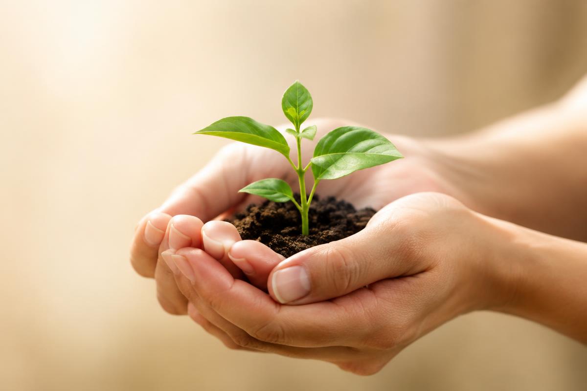 Illustrative image of hands holding a small green seedling