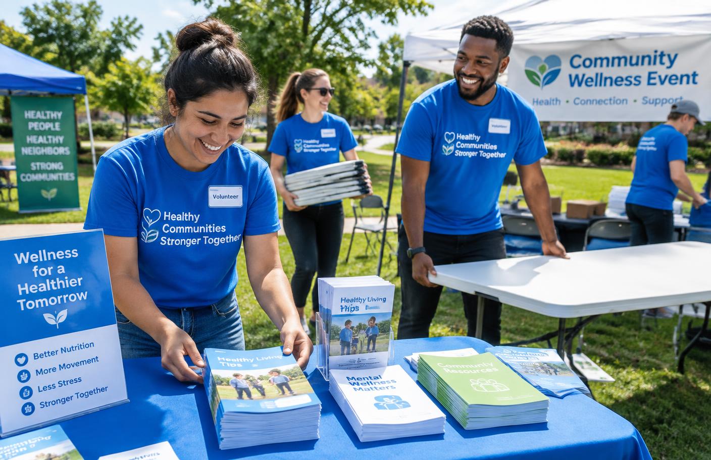 Illustrative image of volunteers setting up a community wellness event